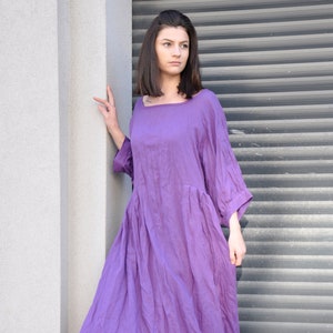 Purple Linen Maxi Dress – Loose Natural Linen Dress with Boat Neck, Wide Sleeves and Pockets Purple