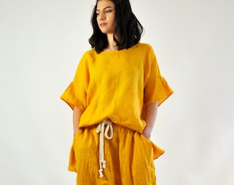 Mustard Linen Pantsuit, Tunic and Pants Set, Women Mustard Outfit, Linen Summer Set