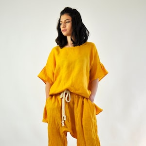 Mustard Linen Pantsuit, Tunic and Pants Set, Women Outfit, Linen Set Top, Plus Size Outfit, Linen Summer Set, Mustard Outfit, Linen Clothing