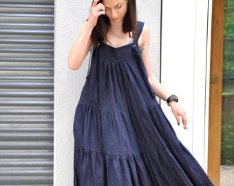 Linen Maxi Dress, Long Pinafore Dress, Plus Size Linen Dress, Linen Wedding Dress, Navy Blue Dress, Linen Kaftan Dress, Linen Clothing