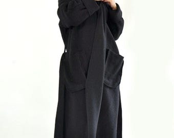 Black Wool Maxi Coat with Hood – Handmade Oversized Winter Outerwear for Women