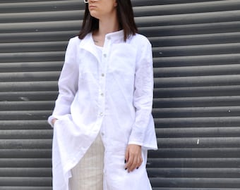 White Linen Tunic Top, Long Button Down Shirt, Linen Clothing, White Summer Shirt, Linen Shirt Dress, Plus Size Linen Wide Sleeve Shirt