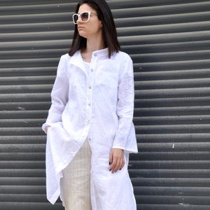 White Linen Tunic Top, Long Button Down Shirt, Linen Clothing, White Summer Shirt, Linen Shirt Dress, Plus Size Linen Wide Sleeve Shirt