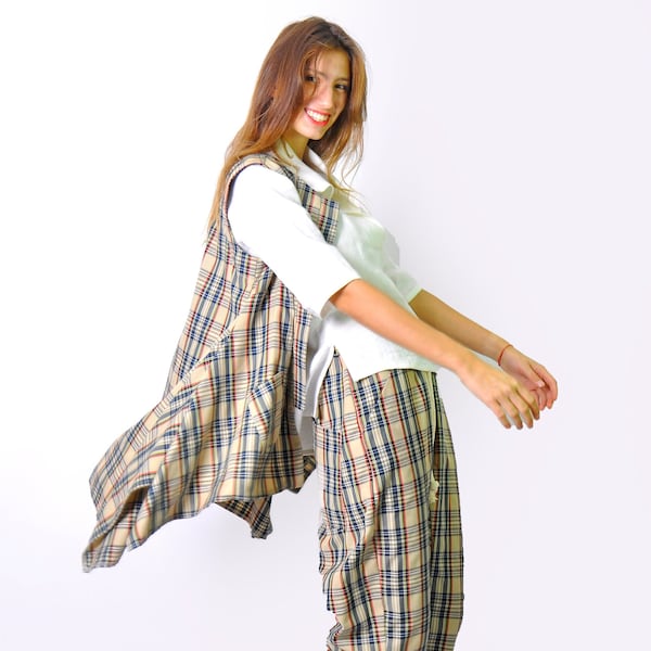 Casual Woman Set/Maxi Two Pice Set/Outwear Woman Outfit/Plaid Pants Set/Plaid Jacket/Long Jacket Woman/Plaid pants and bodice/Plaid Pants