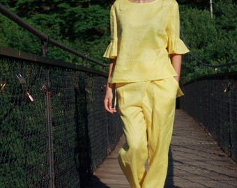 Yellow Linen Set, Asymmetrical Belted Trousers, 3/4 Sleeve Blouse, Minimalist Outfit