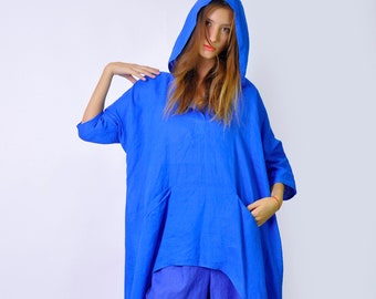 Maxi Linen Tunic Dress – Hooded Oversized Linen Kaftan, Asymmetrical Tunic Top, Loose Fit Linen Clothing