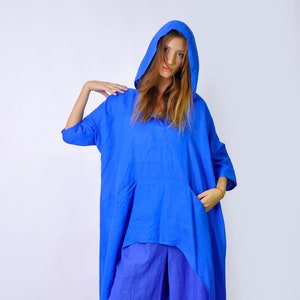 Maxi Linen Tunic Dress - Asymmetric Length, Hood & Front Pockets, Loose Oversized Tunic Top, Extravagant Clothing, Linen Tunic Dress