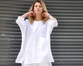 White Linen Shirt, Plus Size Linen Tunic, Linen Clothing, Linen Shirt For Women, Linen Top, Plus Size Clothing, Loose Linen Shirt, Button