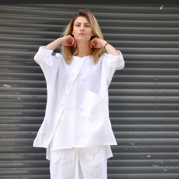 White Linen Shirt, Plus Size Linen Tunic, Linen Clothing, Linen Shirt For Women, Linen Top, Plus Size Clothing, Loose Linen Shirt, Button