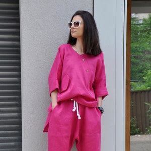 Conjunto de lino rosa, conjunto de pantalones harén, conjunto de verano, conjunto de mujer, ropa de lino, conjunto de lino de talla grande, conjunto de lino de 2, mono de pierna ancha