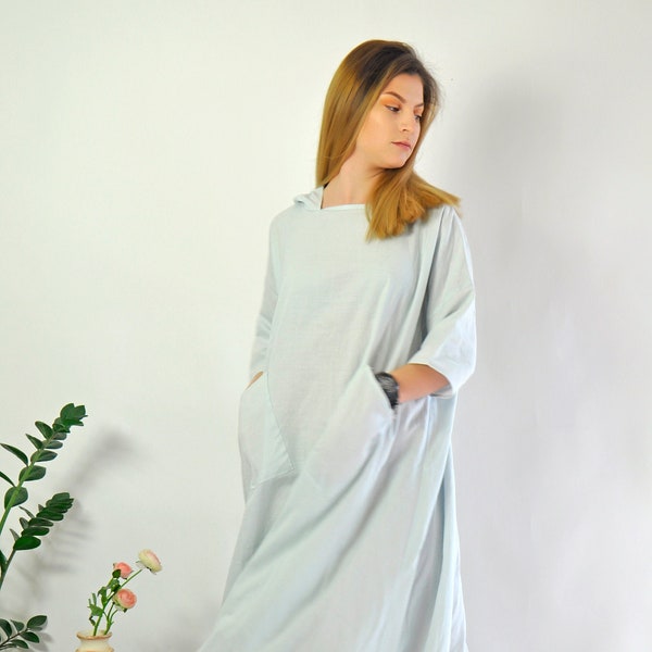 Linen Mint Dress, Linen Dress, Loose Linen Dress, Linen Clothing, Linen Tunic Dress, Plus Size Linen Dress, Plus Size Clothing, Hooded Dress