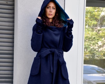 Manteau en laine à capuche, Manteau d'hiver à capuche, Manteau en laine pour femme, Vêtements grande taille, Manteau en laine bleu, Manteau en laine à capuche, Manteau d'hiver chaud, Gabyga