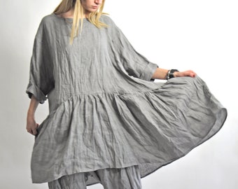 Gray Flounce Tunic Dress, Cozy Linen Top, Asymmetric Tunic, Natural Linen Dress, Oversized Tunic Dress, Avantgarde Clothing,Long Linen Tunic