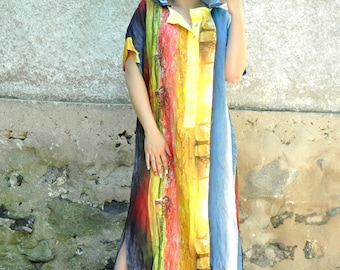 Vestido largo de lino a rayas con capucha y bolsillos, holgado, con botones y aberturas laterales, estilo bohemio, para estar en casa, hecho a mano.