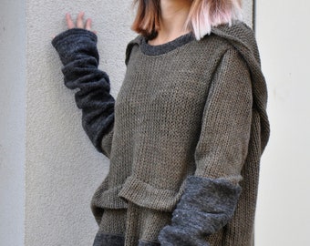 Hooded Wool Tunic Sweater, Plus Size Sweater Tunic, Sweater For Women, Post Apocalyptic Clothing, Knitted Sweater Tunic, Warm Tunic Hood