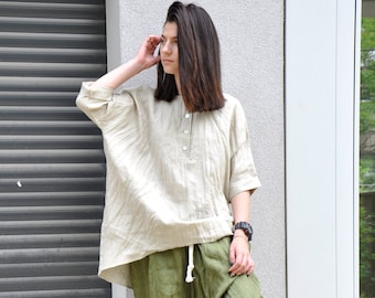Loose Comfy Buttons Shirt Tunic in Beige Linen - Summer Linen Wear, Plus Size Linen Shirt, Oversized Tunic, Long Linen Tunic, Asymmetric Top