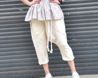 Linen Pants, Striped Pants, Beige Pants, Linen Crop Pants, Wide Leg Pants, Drop Crotch Pants, Harem Linen Pants, Linen Clothing, Linen Capri