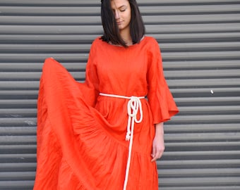 Orange Linen Dress, Plus size Linen Dress, Bohemian Dress, Maxi Dress, Long Linen Kaftan, Linen clothing, Loose Dress, Oversized Dress