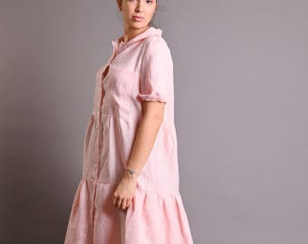 Pink Linen Dress, Midi Style with Plus Size Options in 25 Colors
