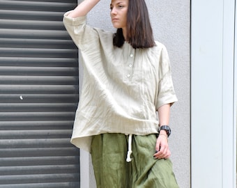 Linen Baggy Outfit, 2-Piece Summer Costume, Pantset for Women, Military Green Harem Pants, Beige Tunic Top