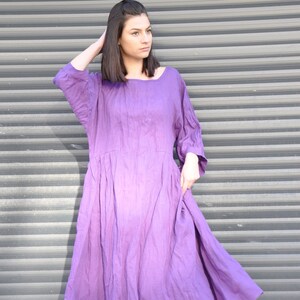 Purple Linen Maxi Dress – Loose Natural Linen Dress with Boat Neck, Wide Sleeves and Pockets image 2