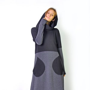 Long Sleeve Maxi Dress, Black Gray Long Dress, Kimono Robe with Pockets, Minimalist Wedding Dress, Plus Size Winter Clothing, Cotton Kaftan