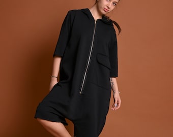 Zwarte katoenen jumpsuit met capuchon, wijde romper met wijde pijpen, oversized handgemaakte romper, artistieke vrijetijdskleding