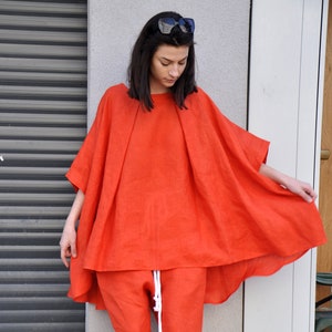 Batwing Sleeves Linen Tunic, Plus Size Linen Clothing, Kaftan Blouse Top, Oversize Linen Tunic, Summer Tunic Top Women, Orange Tunic image 1