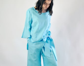 Blue Linen Set, Womens Linen Outfit, Blouse with Flared Sleeves, Asymmetric Trousers, Unique Linen Clothing, Asymmetric Linen Pants Set