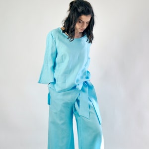 Minze Leinenhosen Set, Frauen Outfit - Leinen Top & Hose, Plus Größe Hosenanzug, Strand Hochzeit Set, Leinen Tunika Hose