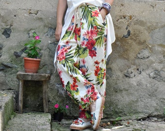 Floral Linen Pants, Linen Maxi Pants, Summer Linen Pants, Flower Linen Pants, Linen Clothing, Plus Size Clothing, Drop Crotch Pants, Wide