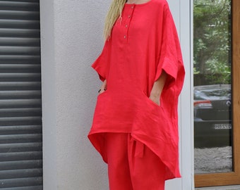 Red Linen Tunic Top In Asymmetric Style, High Low Tunic, Natural Linen, Oversized Tunic, Plus Size Linen, Loose Tunic Top,Summer Tunic Women