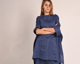 Navy Blue Linen Tunic Top, Women Linen Tunic, Linen Shirt, Linen Clothing, Wide Asymmetric Top, Spring Clothing, Plus Size Linen Tunic Top