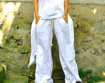 White Linen Pants with Elastic Waist and Four Pockets, Loose Fit Handmade Trousers, Minimalist Boho Summer Style Pants, Linen Summer Pants