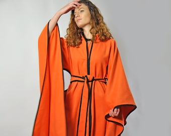 Orange Kimono Cape Coat, Harajuku Clothing, Wool Maxi Long Coat, Japanese Cape, Vintage Style Cloak, Japanese Aesthetic, Bright Dress