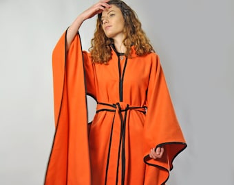 Capa tipo kimono de lana naranja, capa de invierno extragrande de talla grande, capa envolvente de inspiración japonesa para mujer