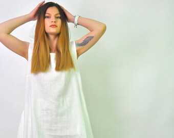 White 100% Linen Tunic Top, High Low Pockets Tunic, Plus Size Summer Clothing, Linen Wear Women, Beach Tunic Dress, Flared Linen Blouse