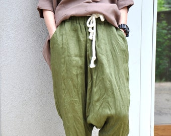 Linen Harem Pants, Military Green Pants, Linen Clothing, Army Green Pants, Plus Size Linen Pants, Summer Pants, Drop Crotch Pants, Baggy