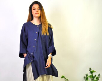 Navy Blue Linen Shirt - Wide Japanese Style Linen Clothing for Fall/Summer, Plus Size Linen Tunic, Dark Blue Tunic Shirt, Loose Linen Shirt