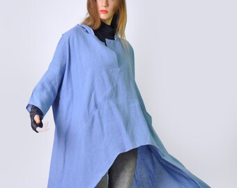 Sky Blue Linen Tunic Dress Top - Comfortable Attire with Hood & Pockets