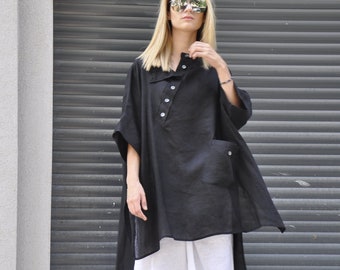 Linen Tops For Women, Plus Size Linen Tunic, Minimalist Tunic Tops, Whimsigoth Clothing, Handmade Item Black Linen Tunic Top, Linen Clothing