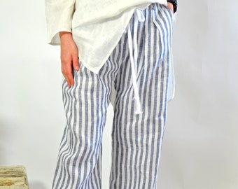 Linen Stripe Pants, Linen Pants, Wide Leg Pants, Women Pants, Linen Clothing, Summer Linen Pants, Beach Linen Pants, Long Pants, Relaxed