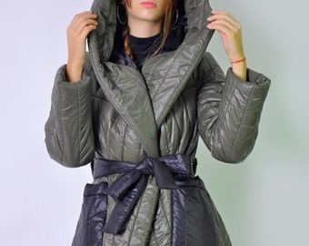 Hooded Winter Puffer Jacket, Olive Coat Womens, Maxi Puffer Down Coat, Olive Green Puffer Coat, Belted Warm Coat, Maxi Puffy Coat,