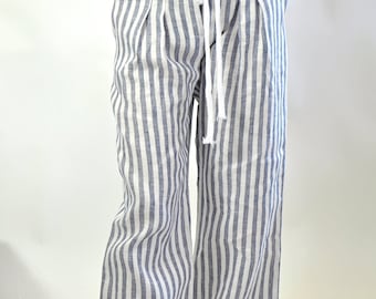 Wide Legged Linen Trousers with Belt and Pockets, High Waisted Pants, Summer Palazzo Pants, Beach Pants for Women, Striped Pants for Ladies