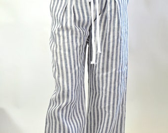 Striped Wide Legs Linen Trousers with Belt and Pockets, Women Palazzo Pants