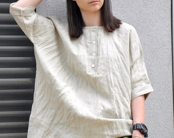 Loose Comfy Buttons Shirt Tunic in Beige Linen - Summer Linen Wear, Plus Size Linen Shirt, Oversized Tunic, Long Linen Tunic, Asymmetric Top