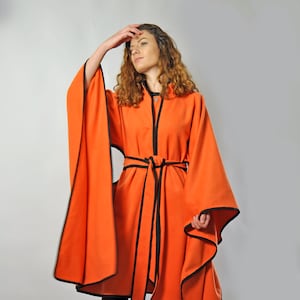 Orange Kimono Cape Coat, Harajuku Clothing, Wool Maxi Long Coat, Japanese Cape, Vintage Style Cloak, Japanese Aesthetic, Bright Dress