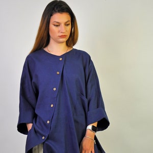 Dark Blue Asymmetrical Linen Shirt, 3/4 Sleeve Women’s Blouse with Front Pocket, Loose Fit Artisan Clothing, Linen Top