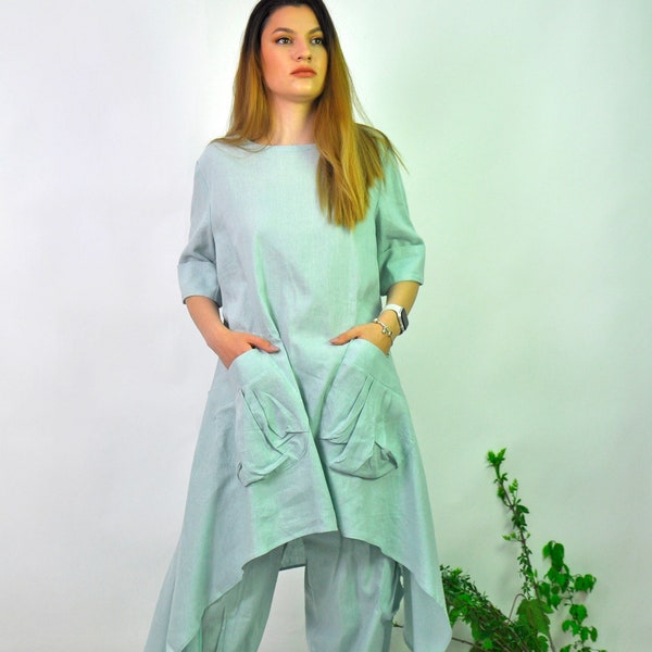 100% Linen Mint Suit Set - Asymmetric Tunic Dress & Baggy Cuffed Pants, Linen Clothes, Summer Pants Set,Wedding Guest Outfit,Plus Size Linen