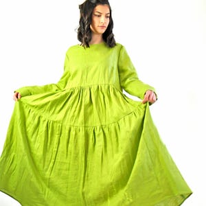 Light Green Linen Dress, Summer Kaftan, Bridesmaid Dress, Linen Wedding Dress, Chartreuse Dress, Wedding Guest Dress, Linen Long Maxi Dress image 2